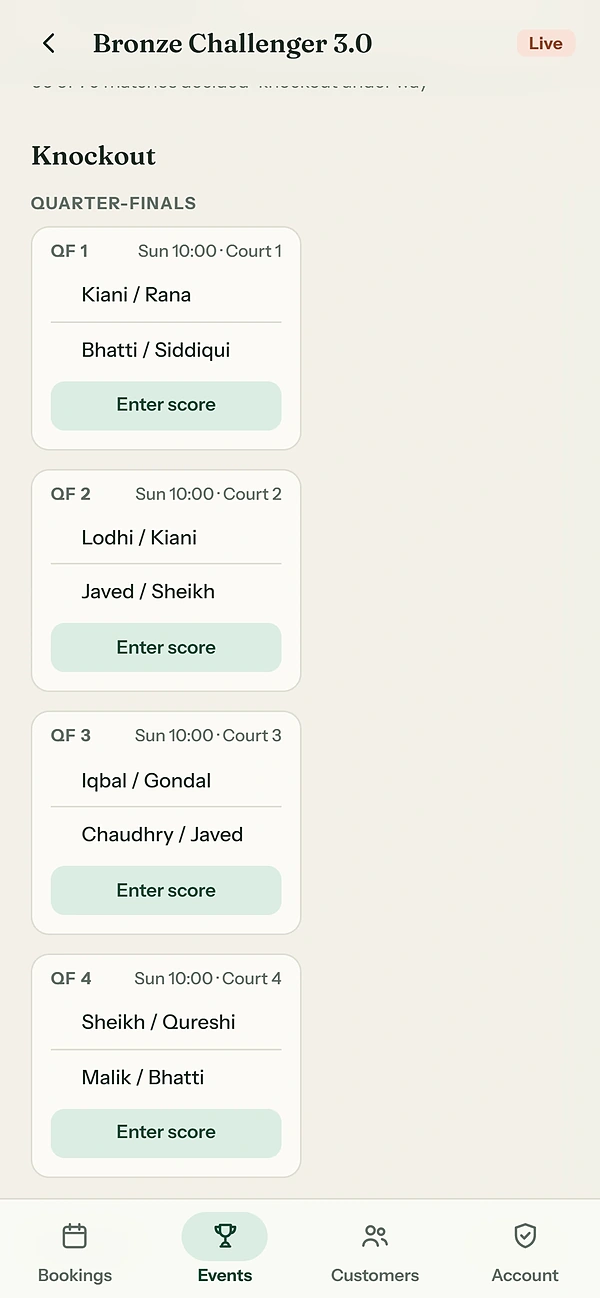 A tournament's knockout bracket in the app