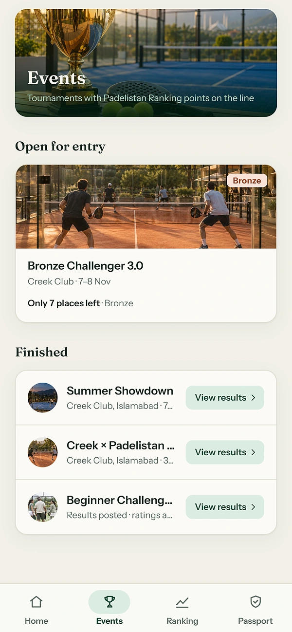 The Events tab: tournaments open for entry and finished ones