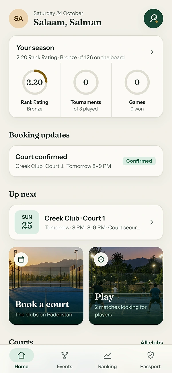 The Padelistan app's Home: your season, a confirmed court, and what's up next