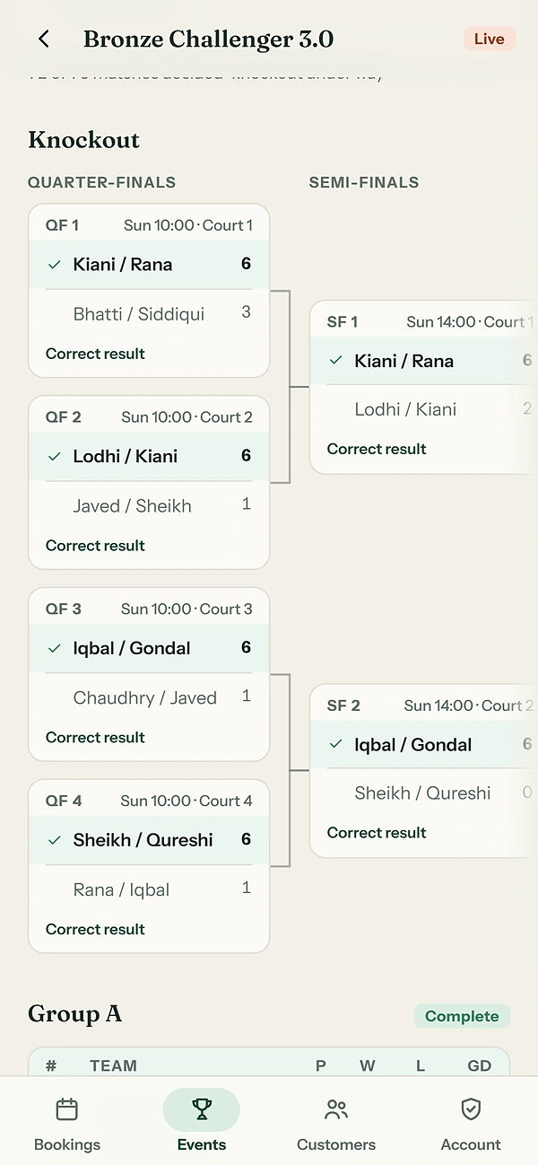 A knockout bracket in the organiser console