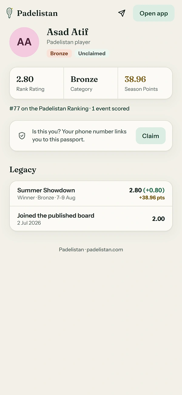 A Player Passport in the app: Rank Rating, category and tournament history