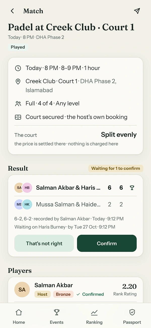 A match result waiting for confirmation
