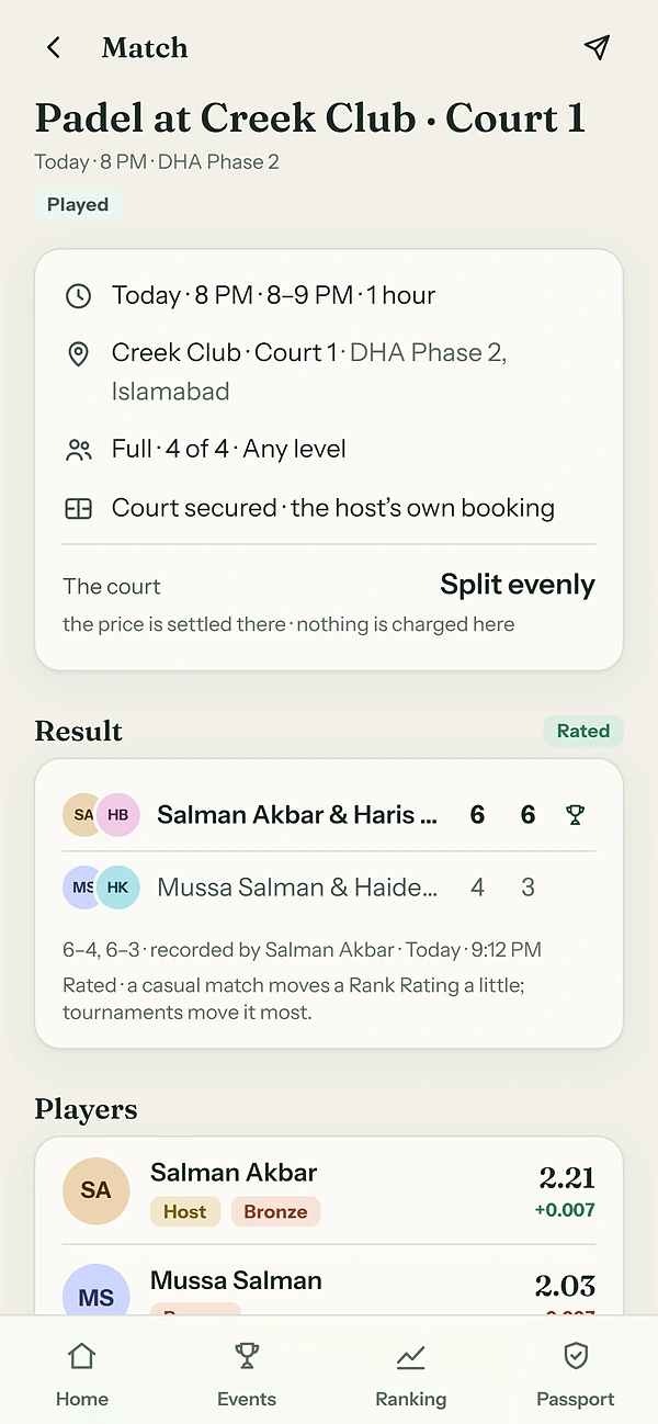 A rated match result in the app