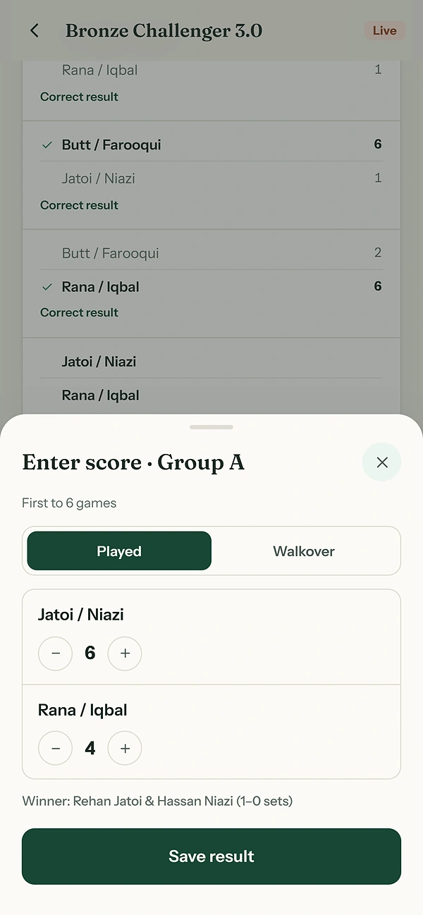 Entering a score in the organiser console